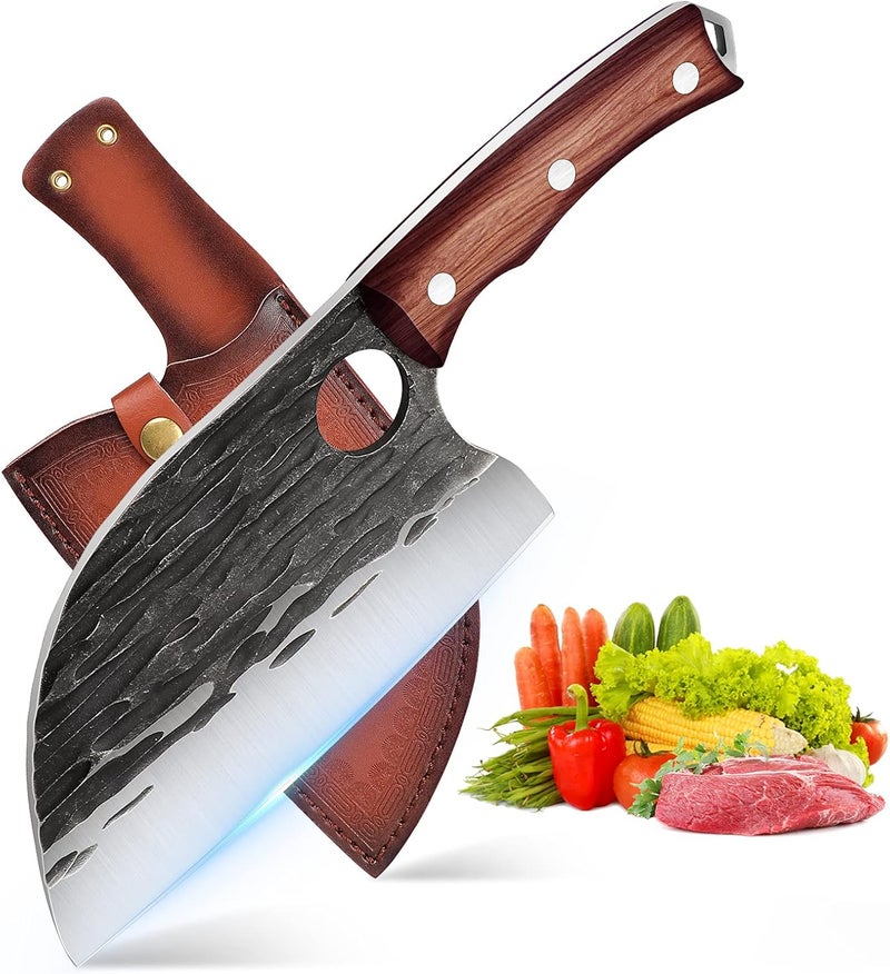 ROCOCO Serbian Chef Knife 6.5" Butcher Knife Japanese Full Tang Boning Chopping Viking Cleaver with Sheath for Kitchen Outdoor BBQ Camping Father Mother Christmas Gift Gift Men - Image 1